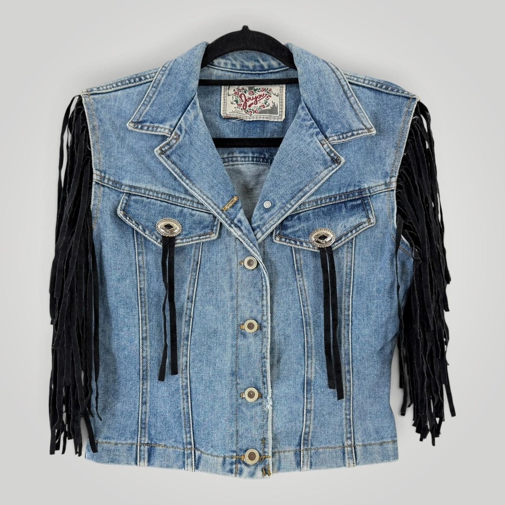 Vintage Joujou Denim Vest Juniors S Black Fringe Western Cropped 80s